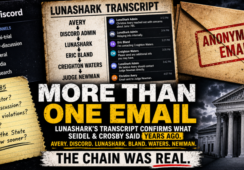 The Anonymous Email to Judge Newman Story Just Blew Up — And It Turns Out Crime and Cask Was Asking The Right Questions All Along LunaShark’s Own Transcript May Have Confirmed The Biggest Questions Surrounding Juror 785, Christine Avery, And Who Knew What Before Judge Newman